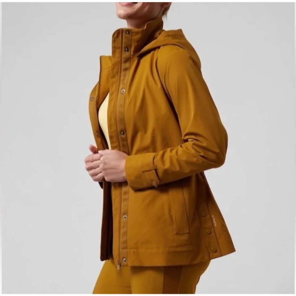 ATHLETA Brass Yellow RainOut Sutro Trench Jacket Hooded Full Zip Snap Size XL